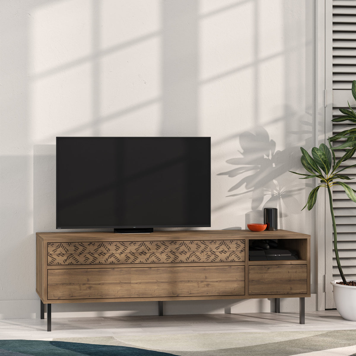 Decortieliving - Heaton Modern TV Stand Multimedia Centre TV Unit With Storage Cabinet 144.6cm