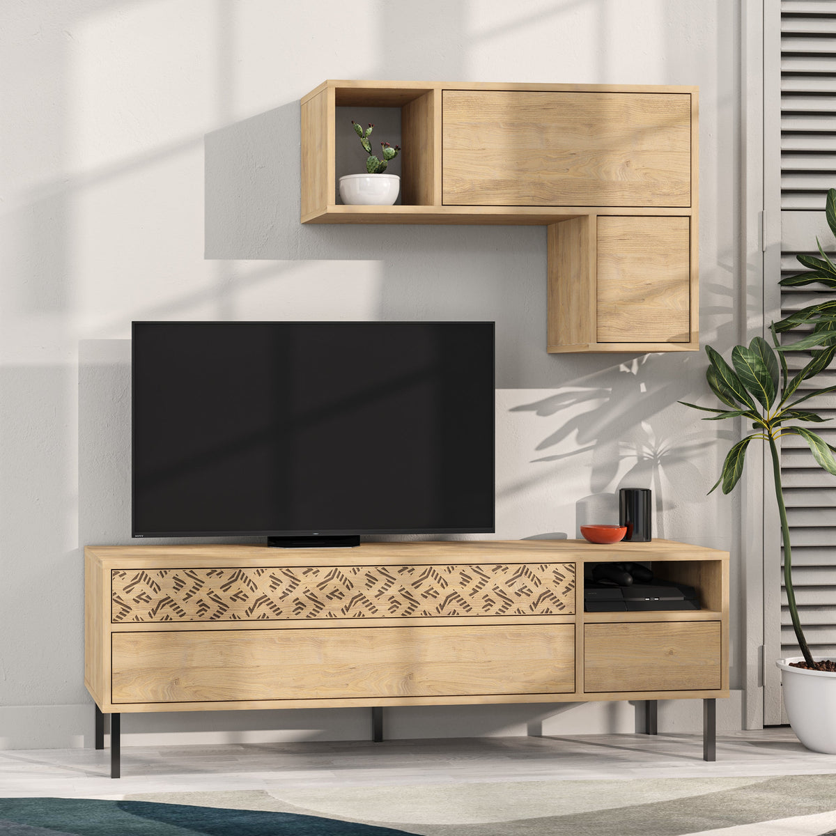 Decortieliving - Heaton Modern Tv Unit With Storage And Wall Shelf 144.6cm