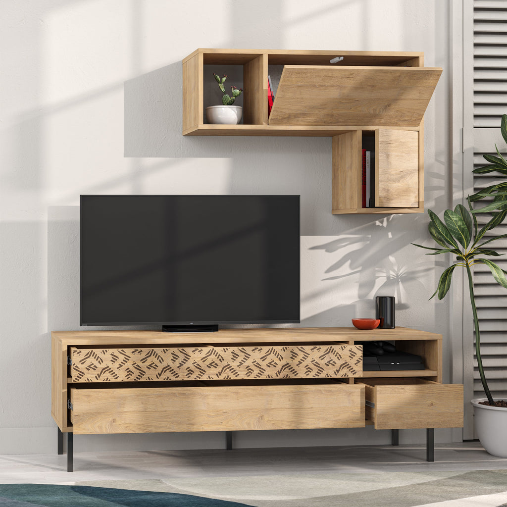 Decortieliving - Heaton Modern Tv Unit With Storage And Wall Shelf 144.6cm