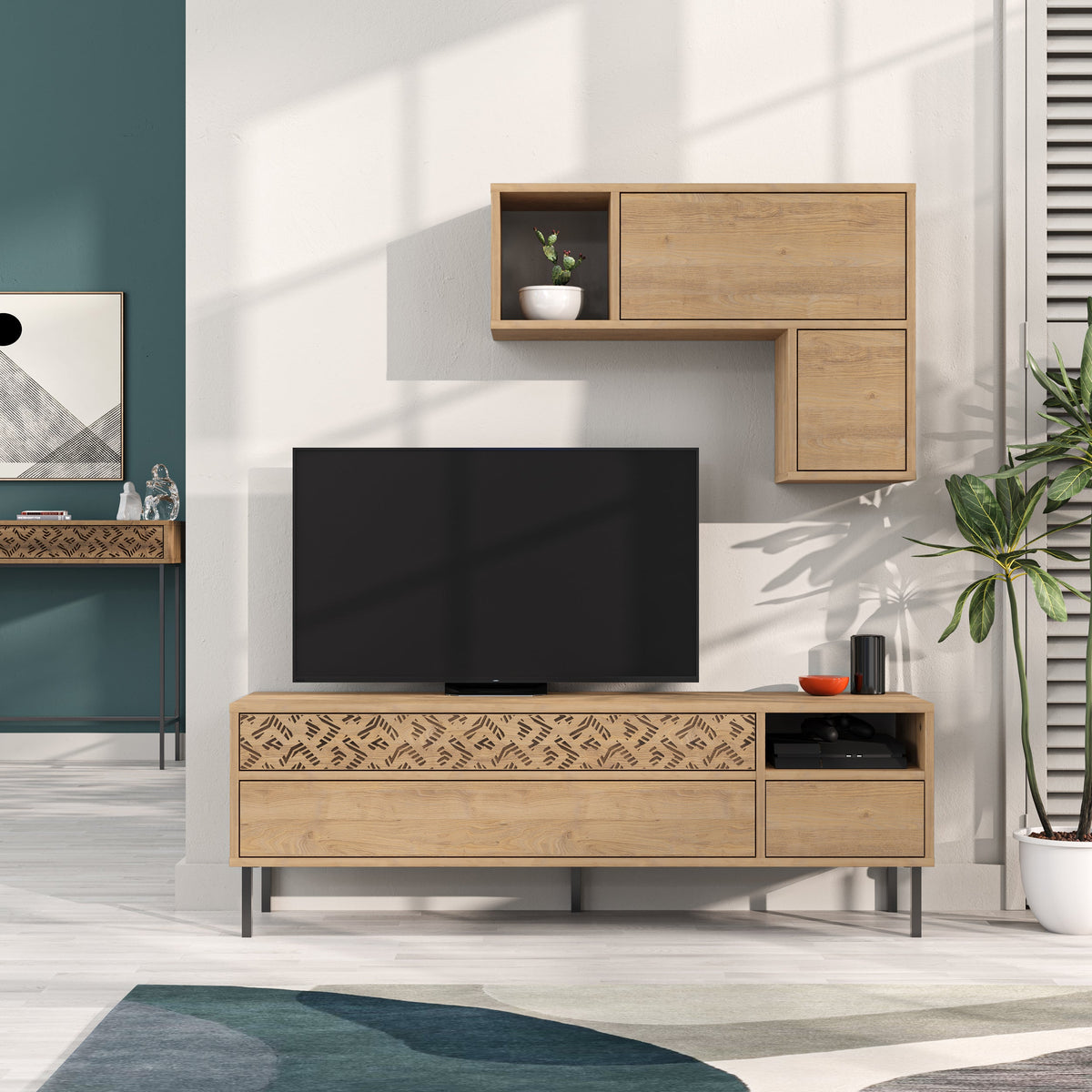 Decortieliving - Heaton Modern Tv Unit With Storage And Wall Shelf 144.6cm