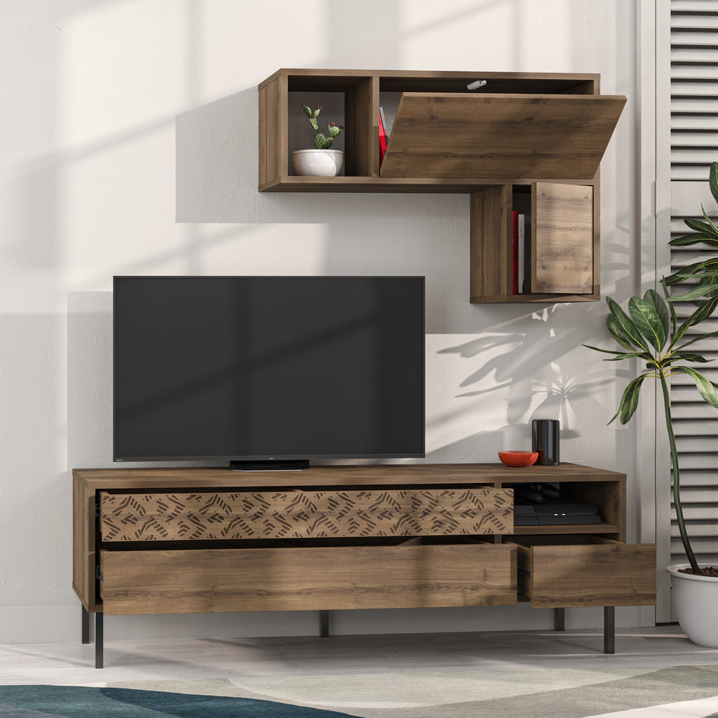 Decortieliving - Heaton Modern Tv Unit With Storage And Wall Shelf 144.6cm