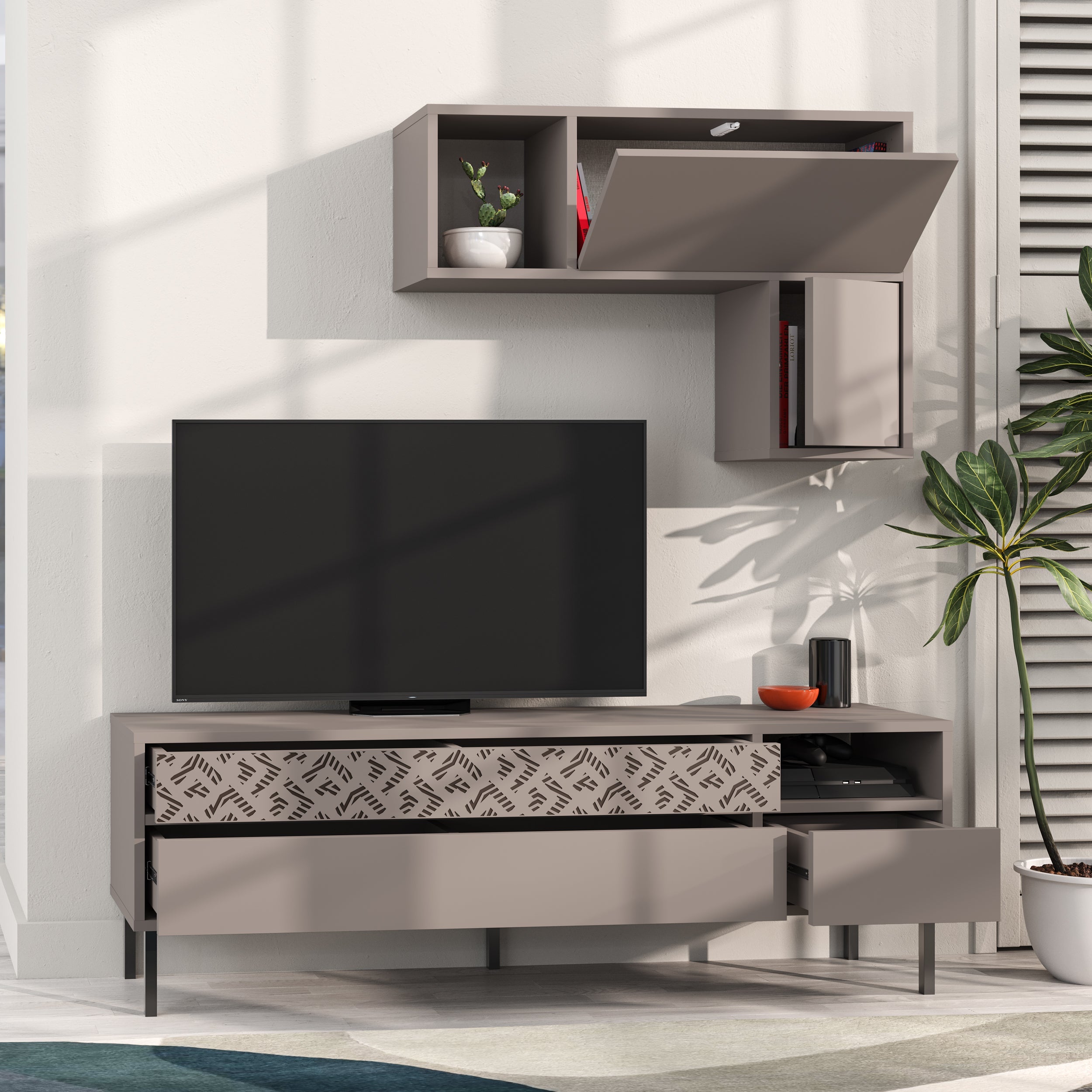 Decortieliving - Heaton Modern Tv Unit With Storage And Wall Shelf 144.6cm
