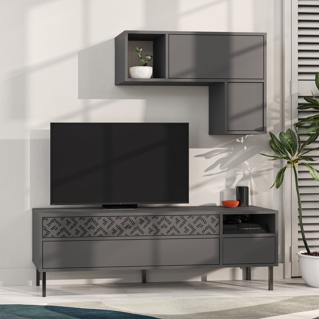Decortieliving - Heaton Modern Tv Unit With Storage And Wall Shelf 144.6cm