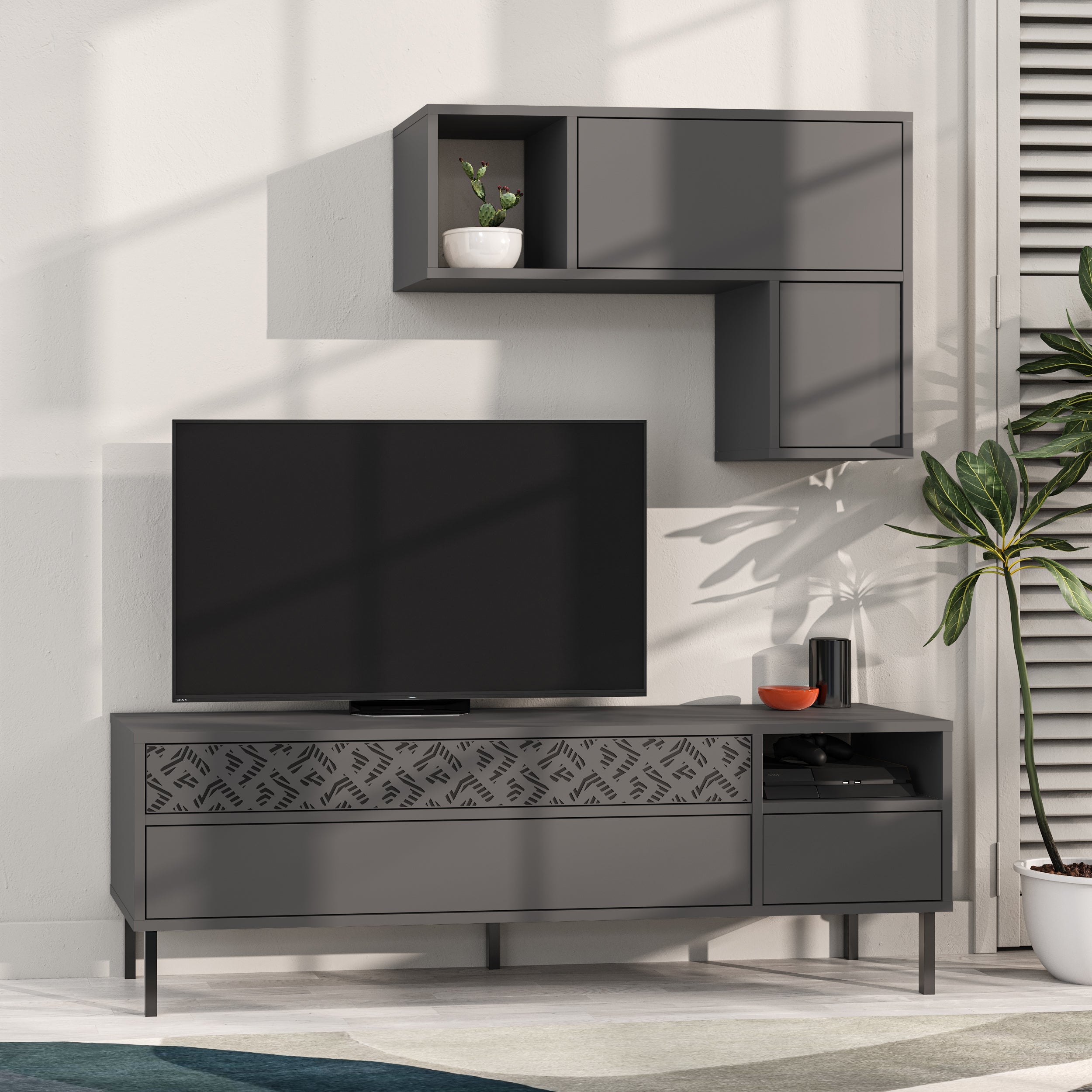 Decortieliving - Heaton Modern Tv Unit With Storage And Wall Shelf 144.6cm