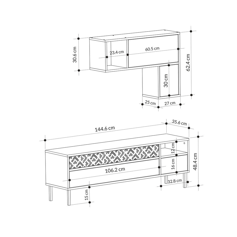 Decortieliving - Heaton Modern Tv Unit With Storage And Wall Shelf 144.6cm