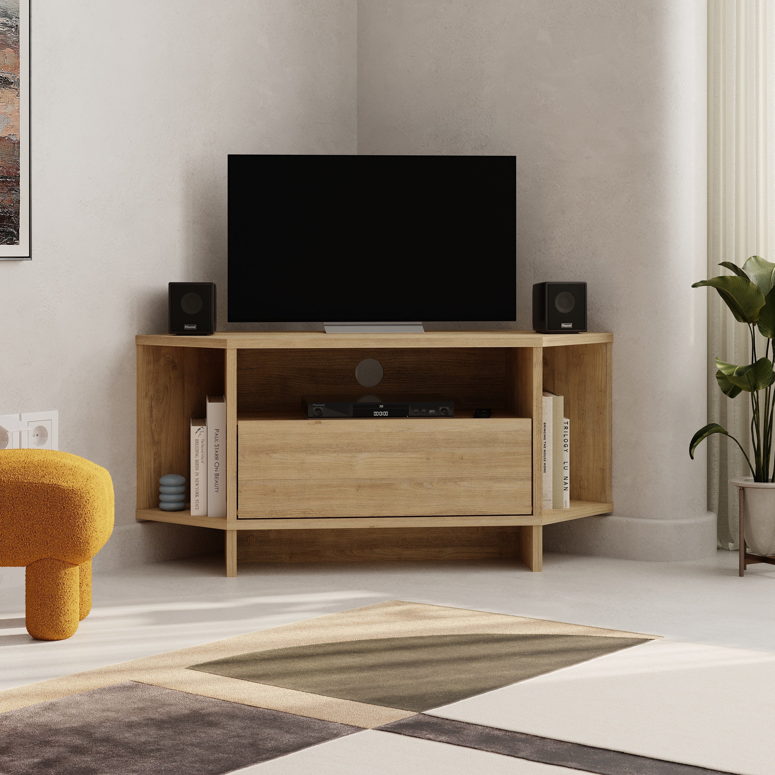 Decortieliving - Modern Viva Corner TV Unit – Compact Corner Stand with Shelves & Cabinet for 40-Inch TVs