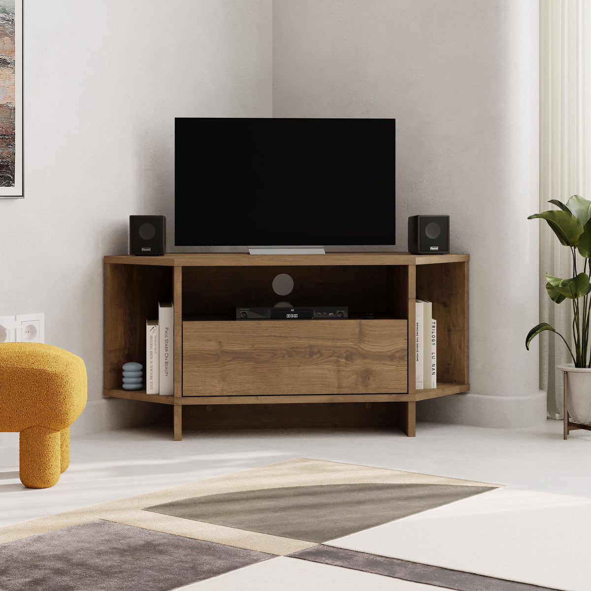 Decortieliving - Modern Viva Corner TV Unit – Compact Corner Stand with Shelves & Cabinet for 40-Inch TVs