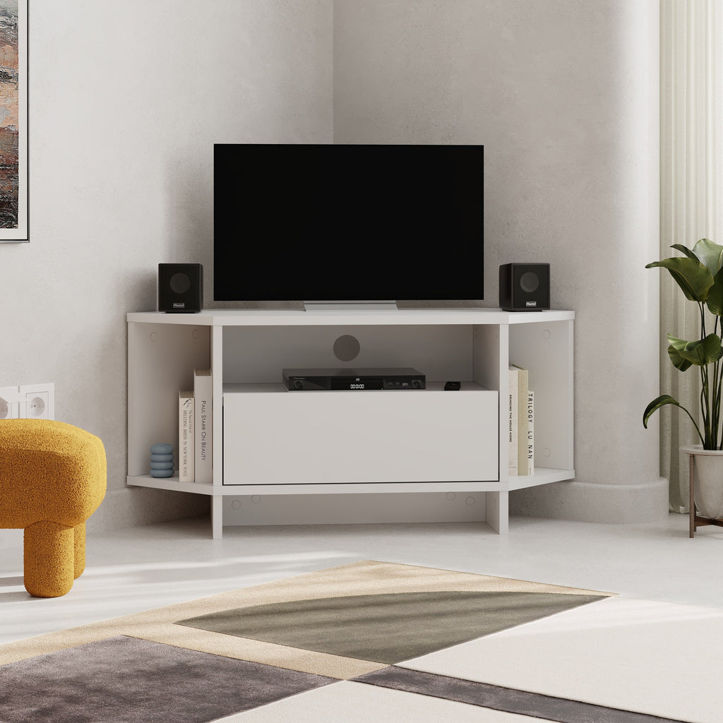 Decortieliving - Modern Viva Corner TV Unit – Compact Corner Stand with Shelves & Cabinet for 40-Inch TVs