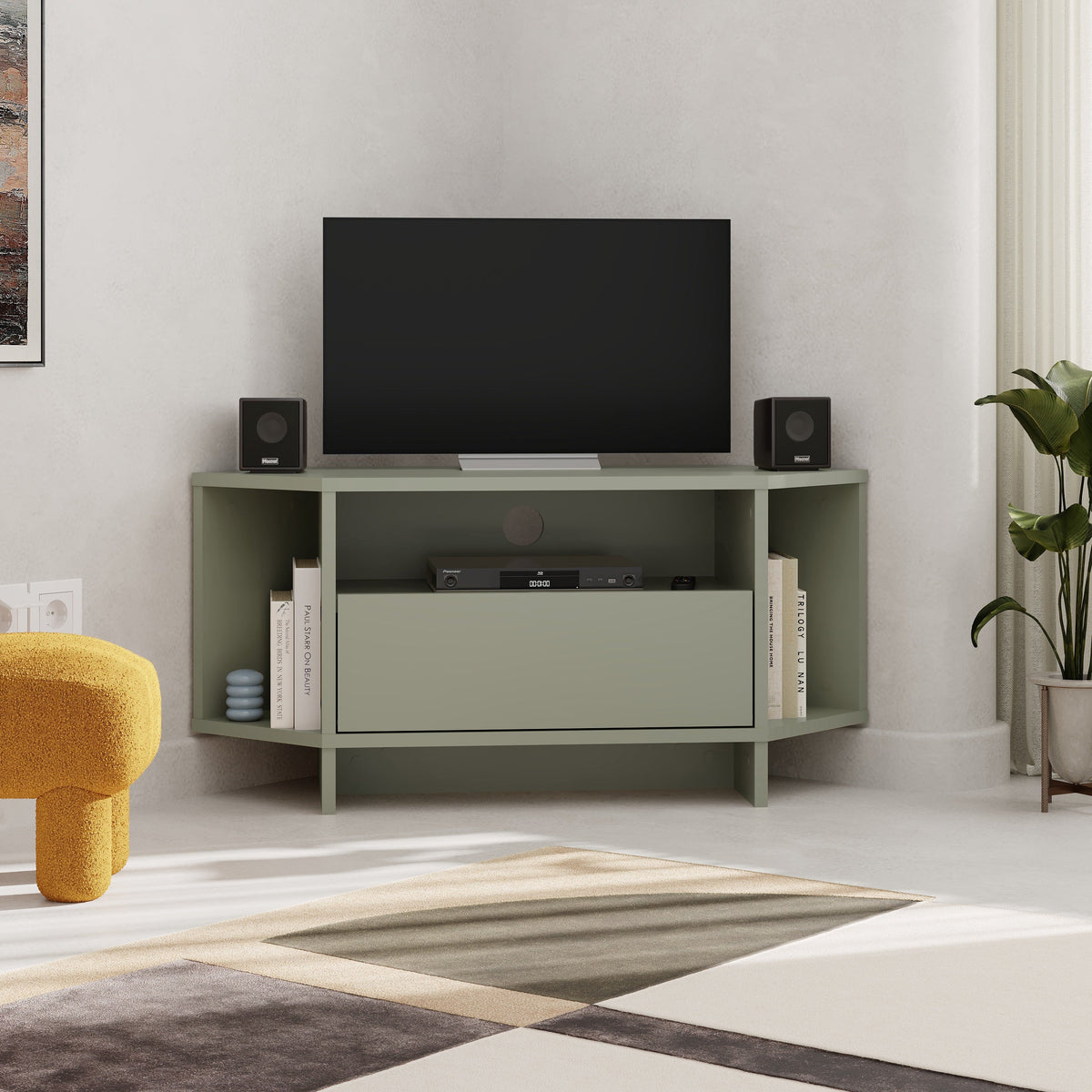 Decortieliving - Modern Viva Corner TV Unit – Compact Corner Stand with Shelves & Cabinet for 40-Inch TVs