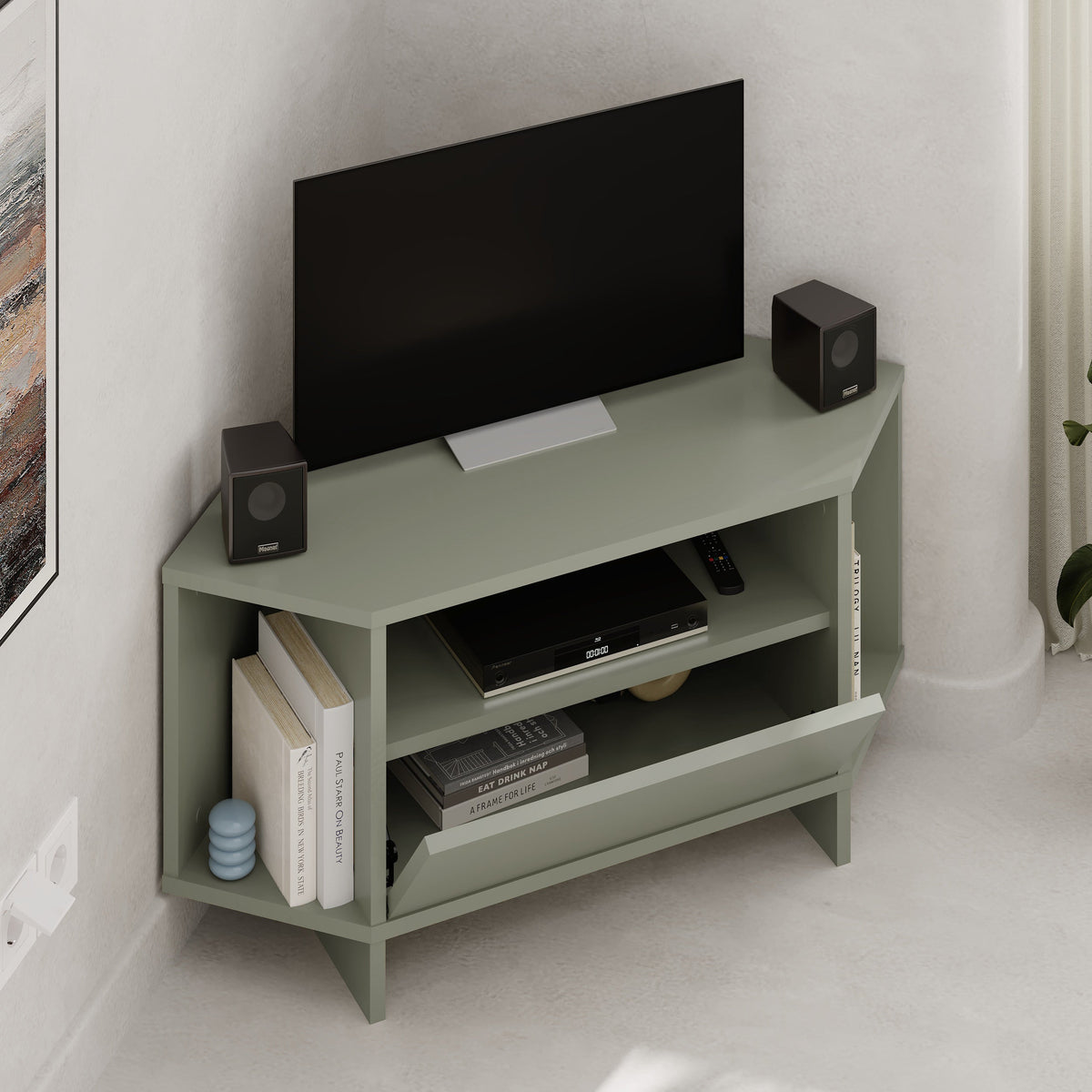 Decortieliving - Modern Viva Corner TV Unit – Compact Corner Stand with Shelves & Cabinet for 40-Inch TVs