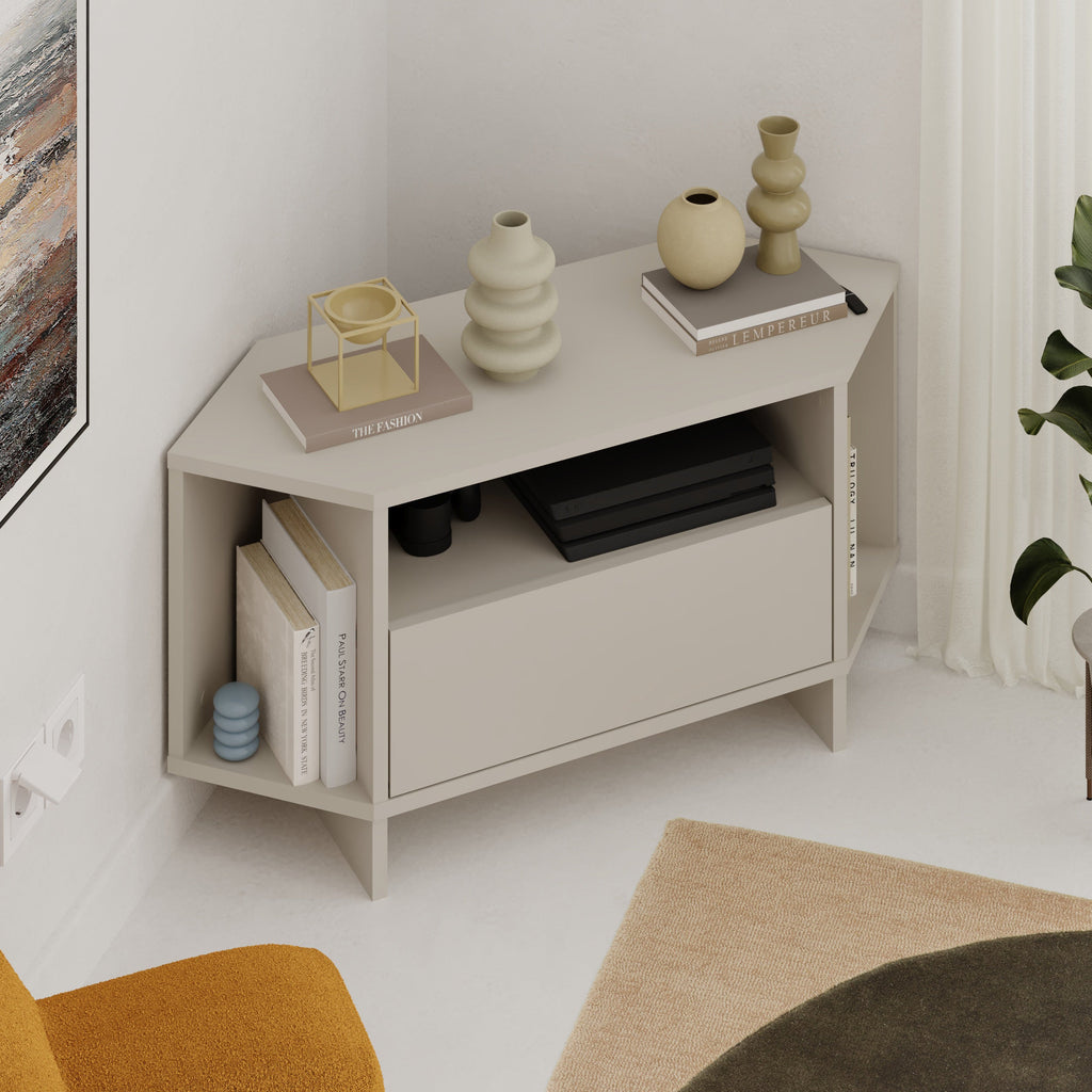 Decortieliving - Modern Viva Corner TV Unit – Compact Corner Stand with Shelves & Cabinet for 40-Inch TVs