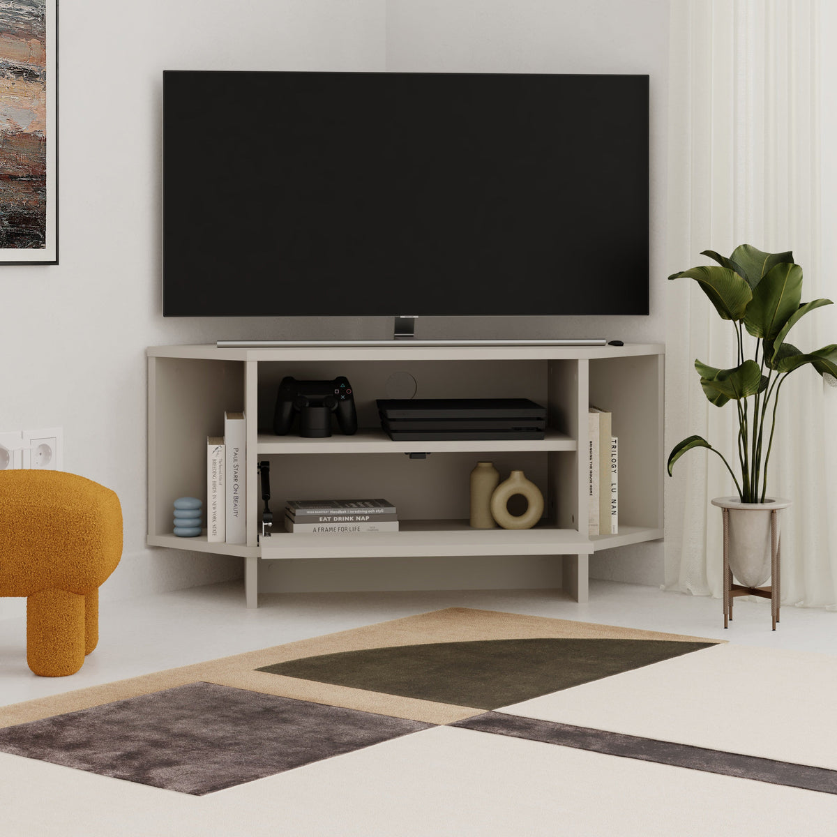 Decortieliving - Modern Viva Corner TV Unit – Compact Corner Stand with Shelves & Cabinet for 40-Inch TVs