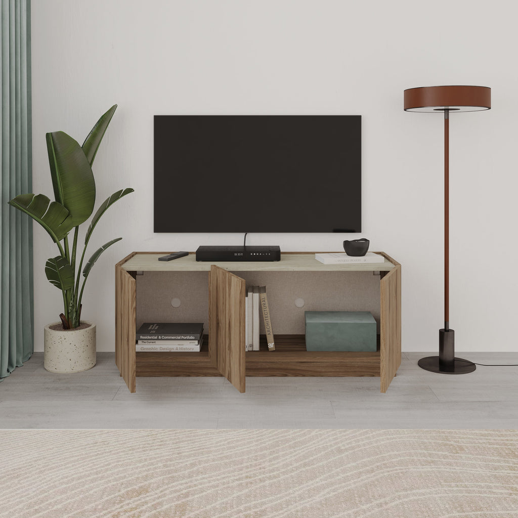 Meuble TV Dione effet chêne et travertin 120 cm