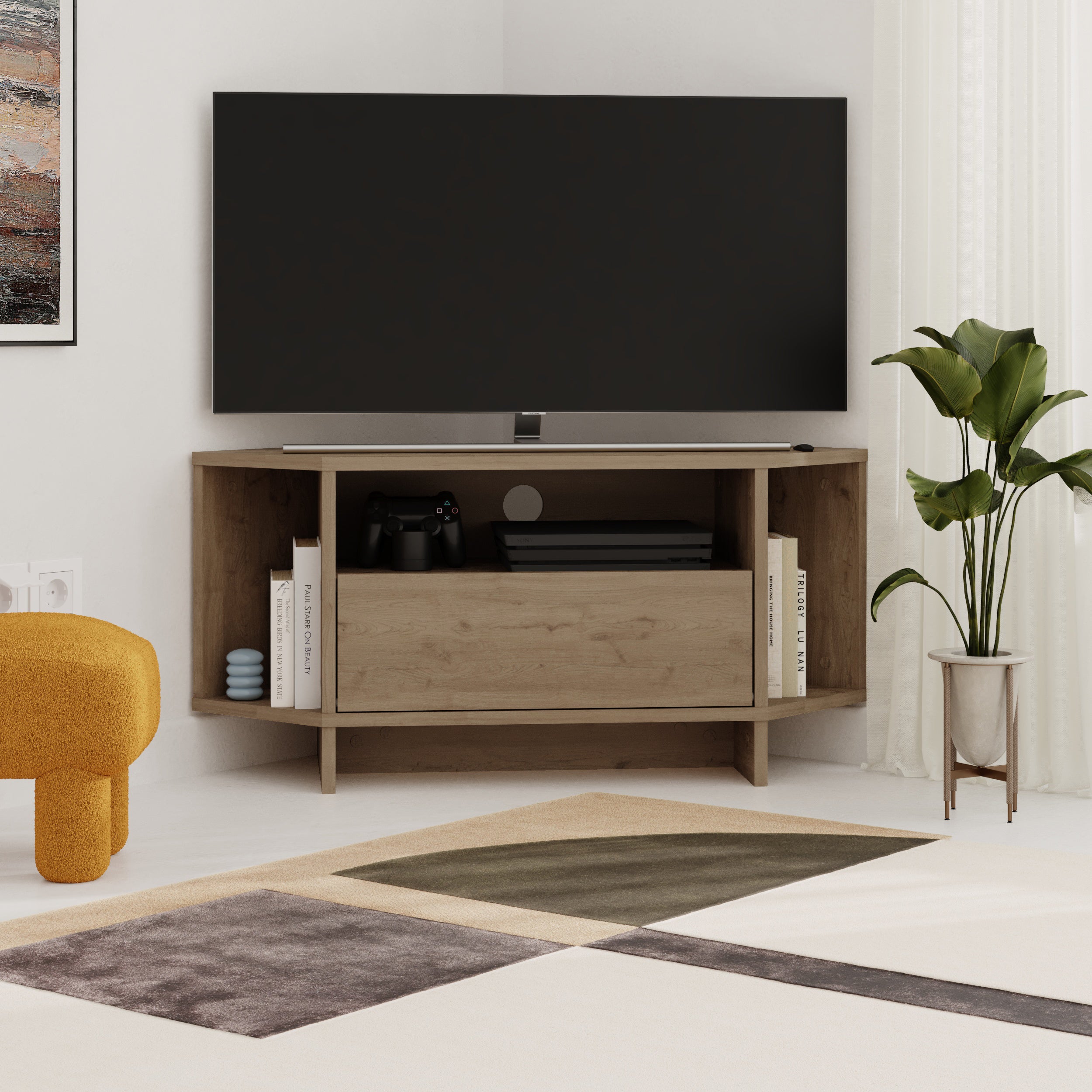 Decortieliving - Modern Viva Corner TV Unit – Compact Corner Stand with Shelves & Cabinet for 40-Inch TVs
