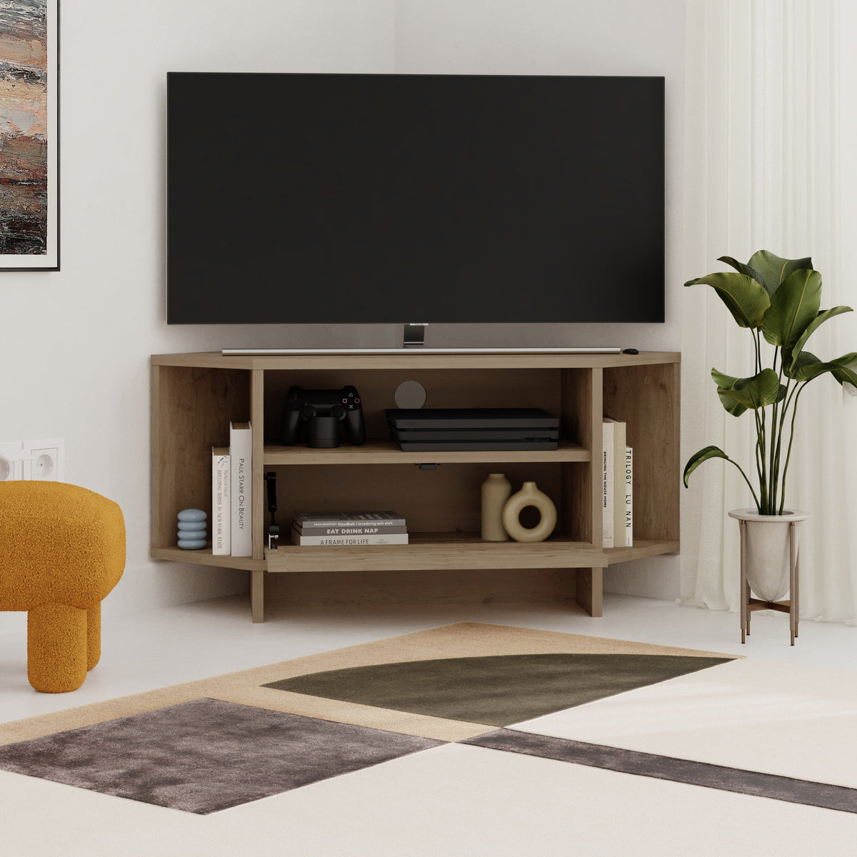 Decortieliving - Modern Viva Corner TV Unit – Compact Corner Stand with Shelves & Cabinet for 40-Inch TVs