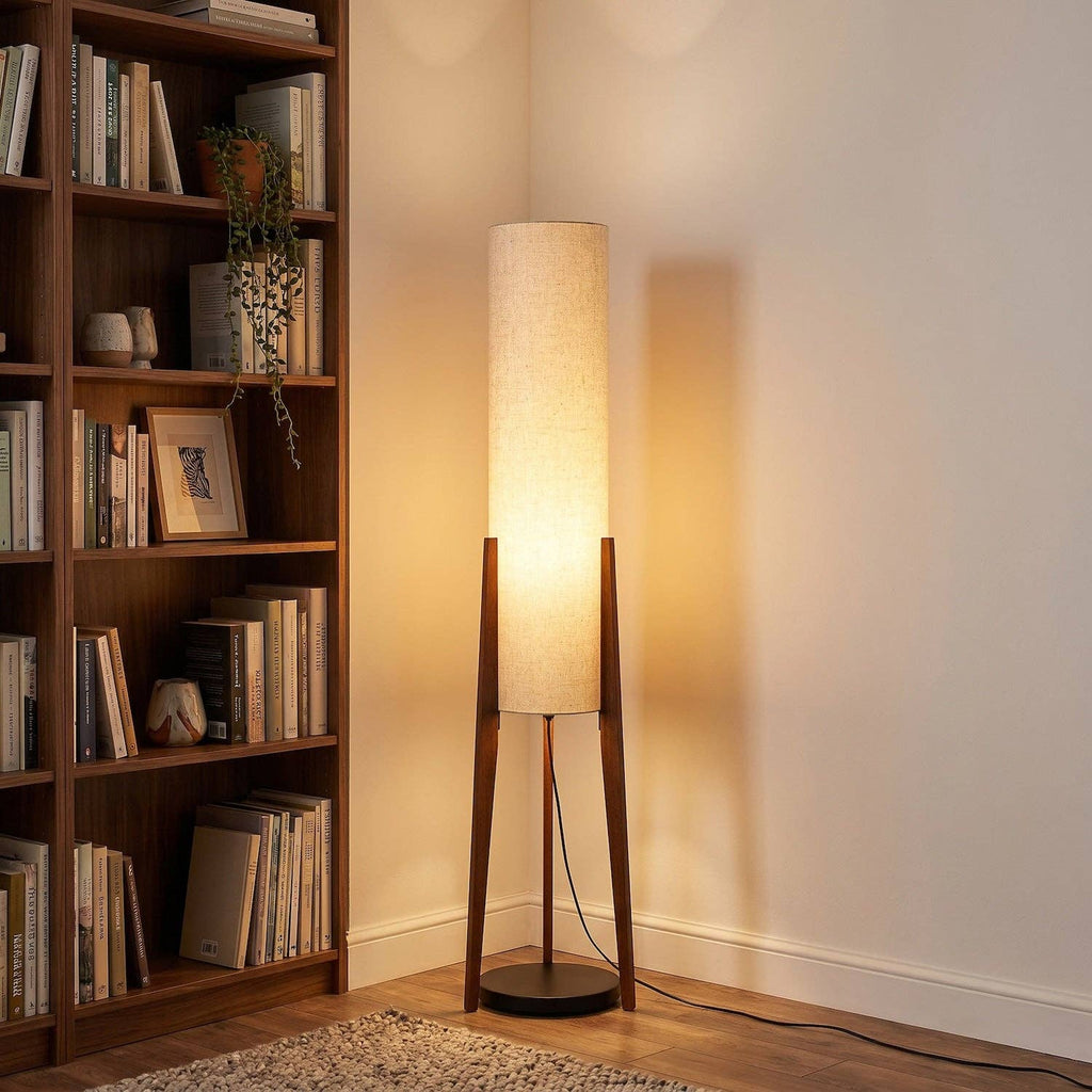 Decortieliving - Tripod Floor Lamp 130cm | Natural Linen Shade, Dark Wood Legs